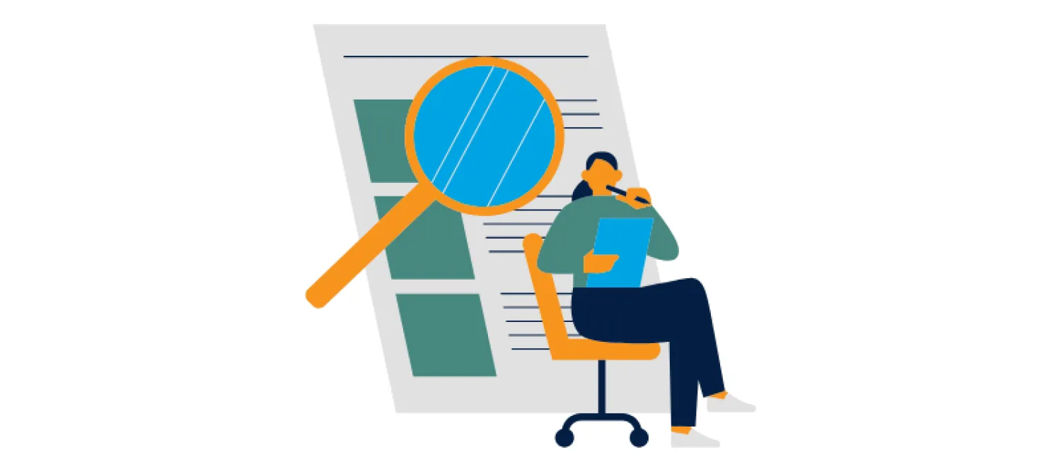 Figure reading a document with a magnifying glass